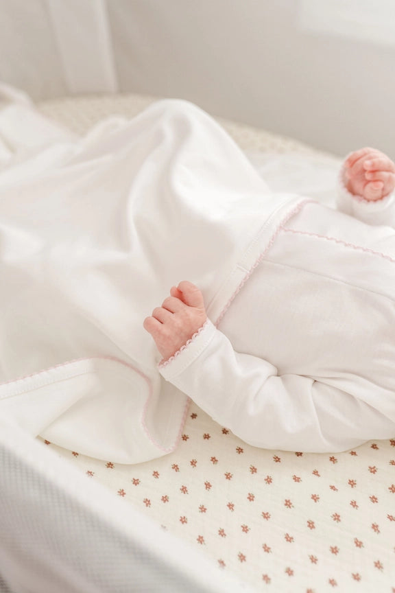 Premium Pima Cotton Baby Footie - White with Baby Pink Trim