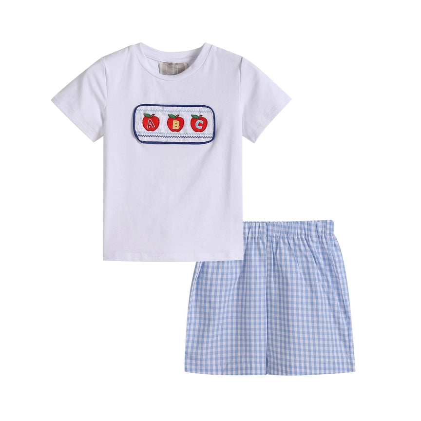White ABC Smocked Shirt with Blue Gingham Shorts Set