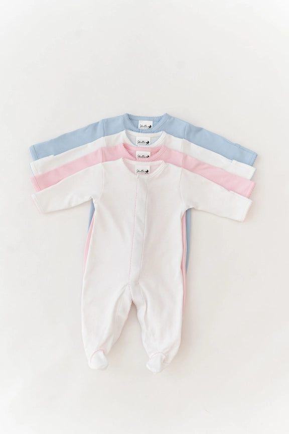 Premium Pima Cotton Baby Footie - White with Baby Pink Trim