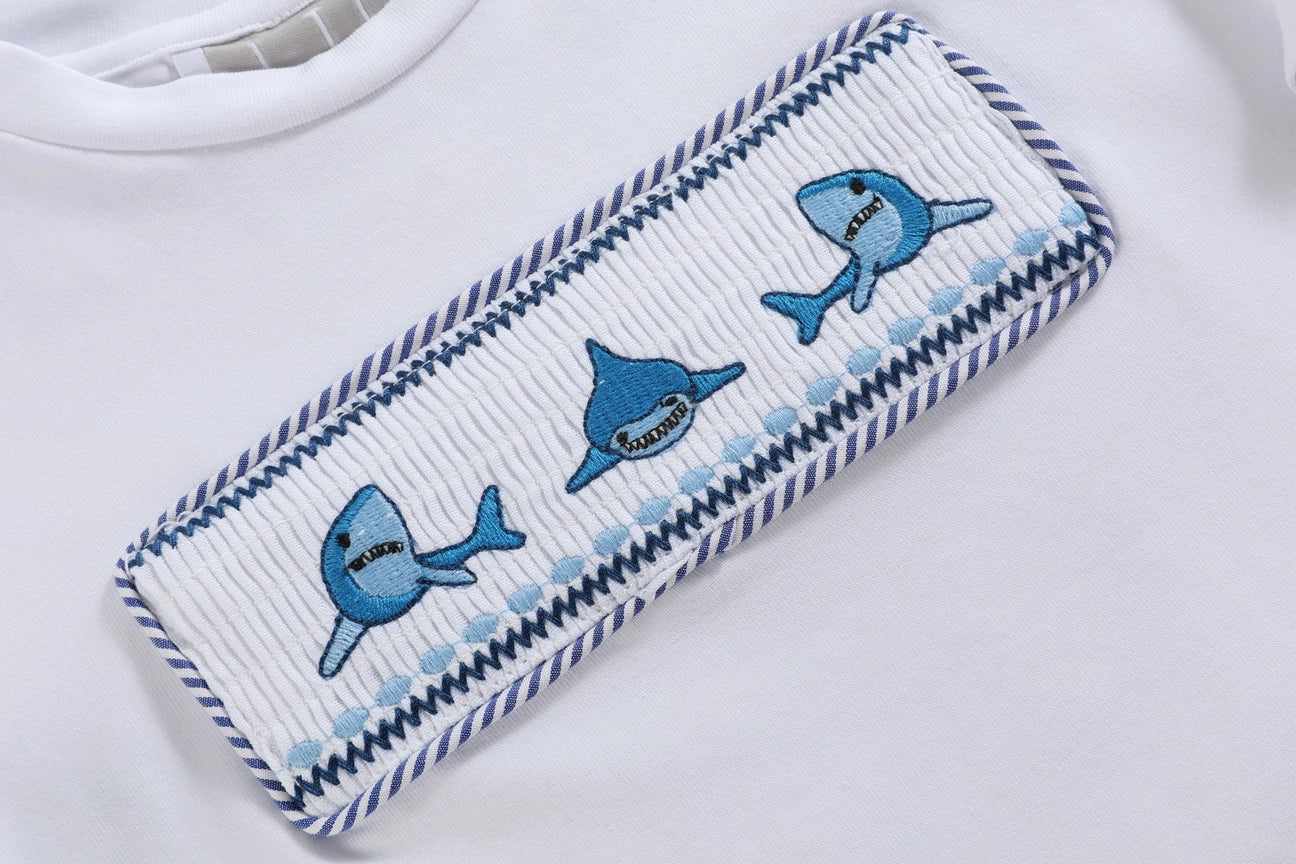 Navy Striped Smocked Shark Short Set