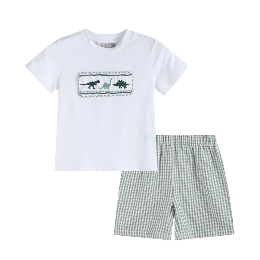 Green Gingham Smoked Dino Shorts Set