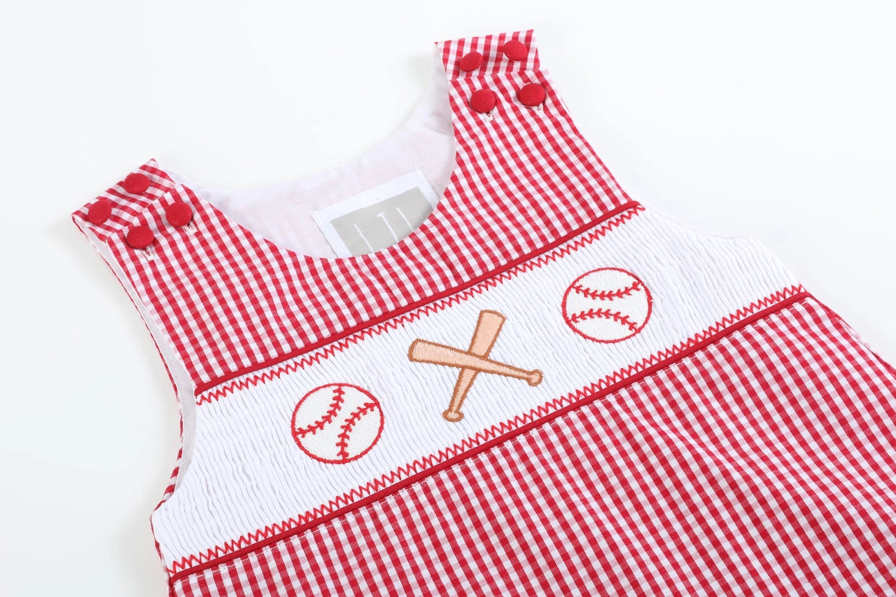 Red Gingham Smocked Baseball Jon Jons