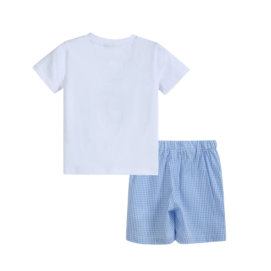 White Par-Tee Shirt with Blue Gingham Shorts Set