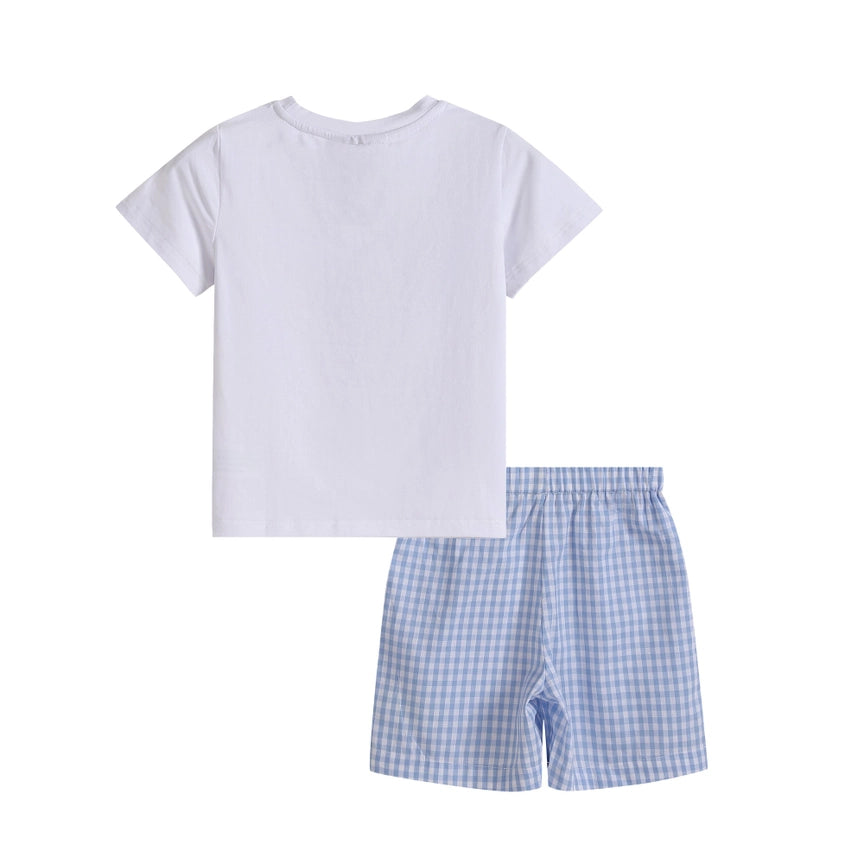 White ABC Smocked Shirt with Blue Gingham Shorts Set