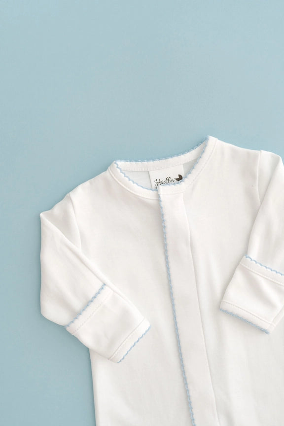 Premium Pima Cotton Baby Footie - White with Baby Blue Trim