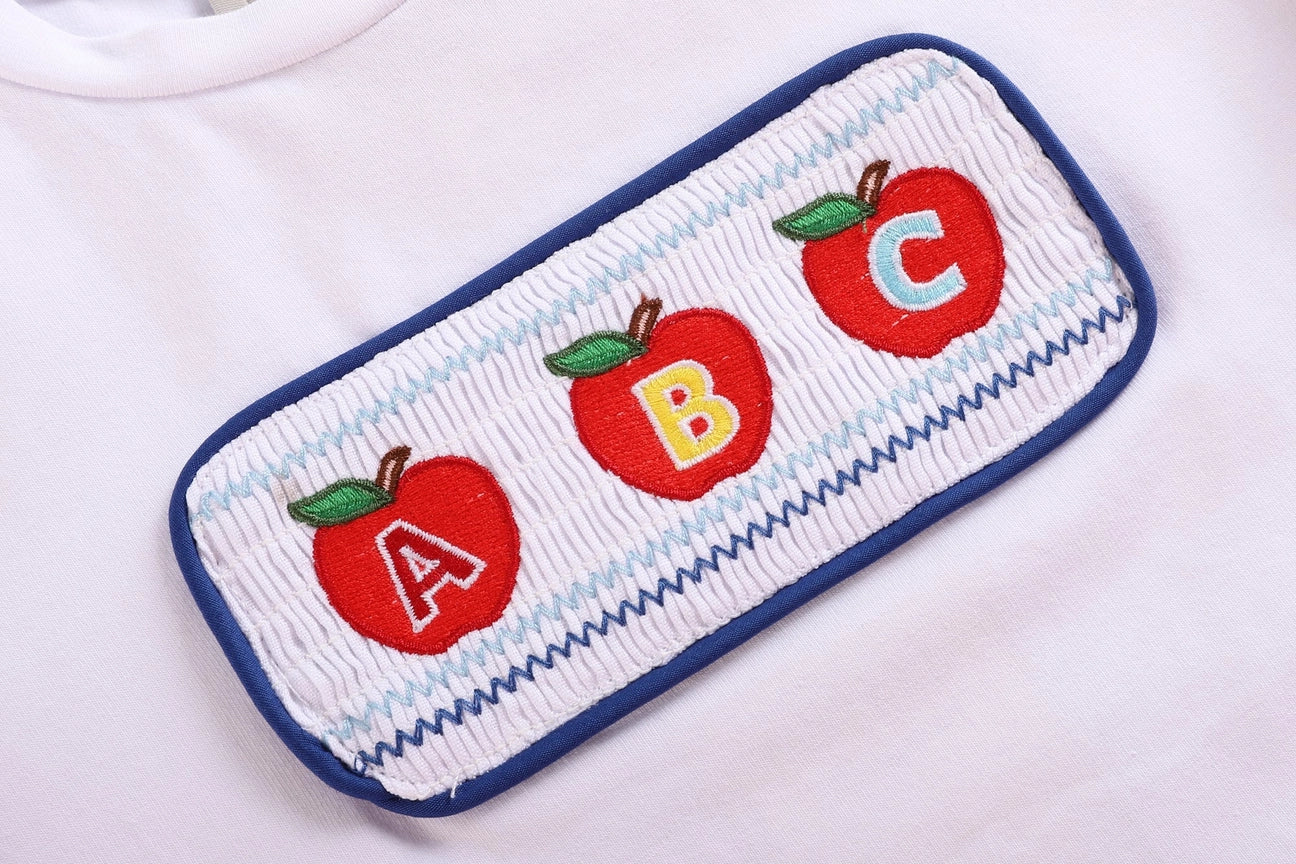 White ABC Smocked Shirt with Blue Gingham Shorts Set