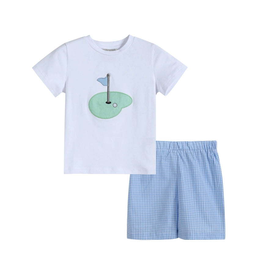 White Par-Tee Shirt with Blue Gingham Shorts Set