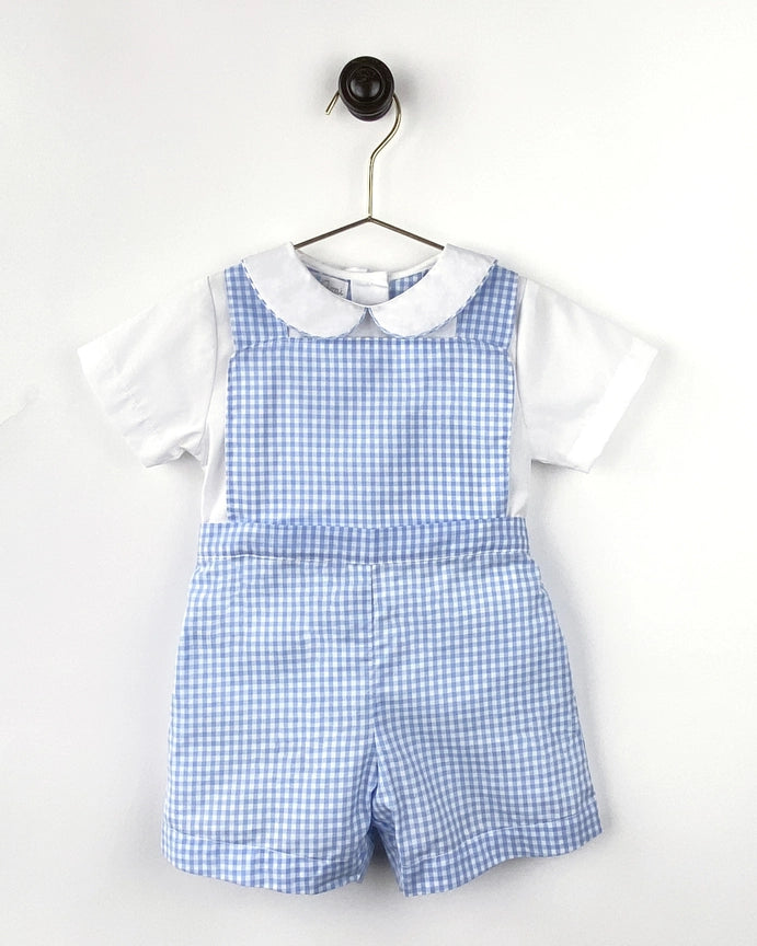 Blue Gingham Shorts Set with Removable Bib