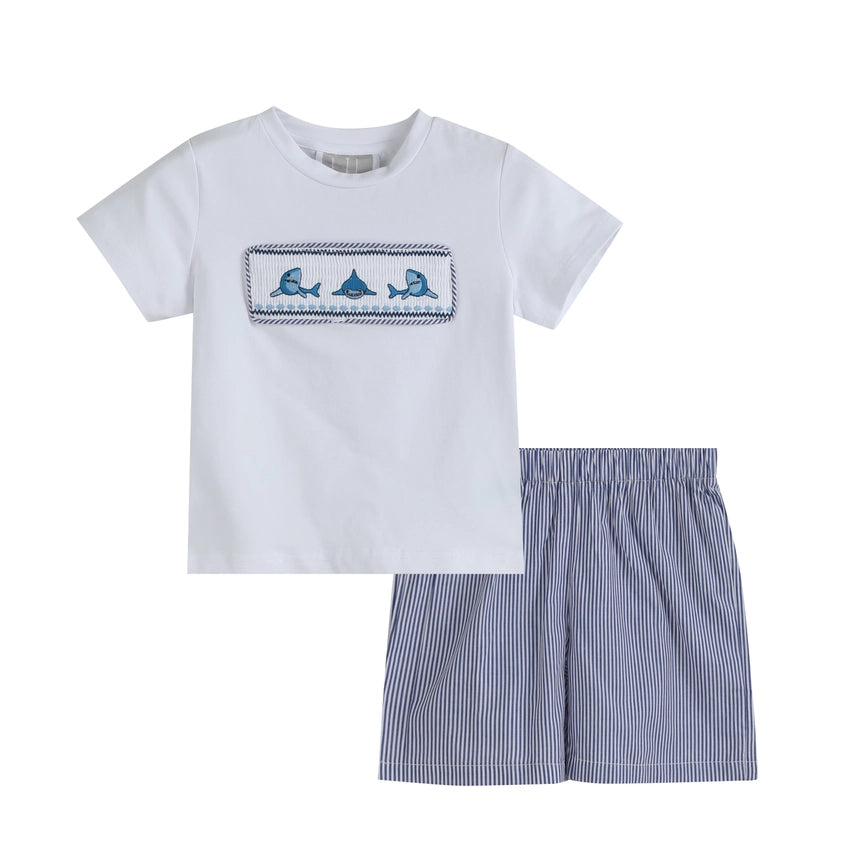 Navy Striped Smocked Shark Short Set