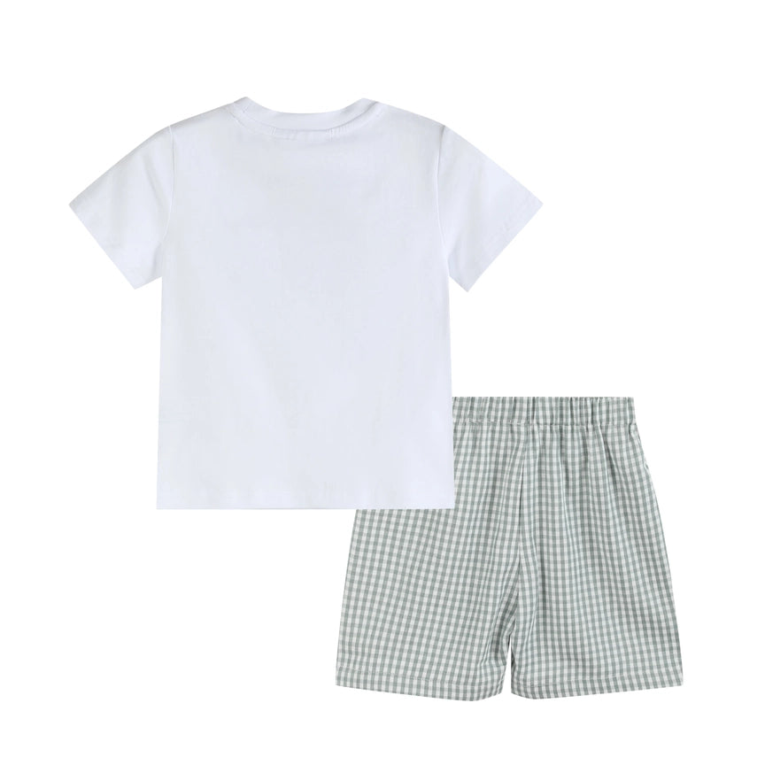 Green Gingham Smoked Dino Shorts Set