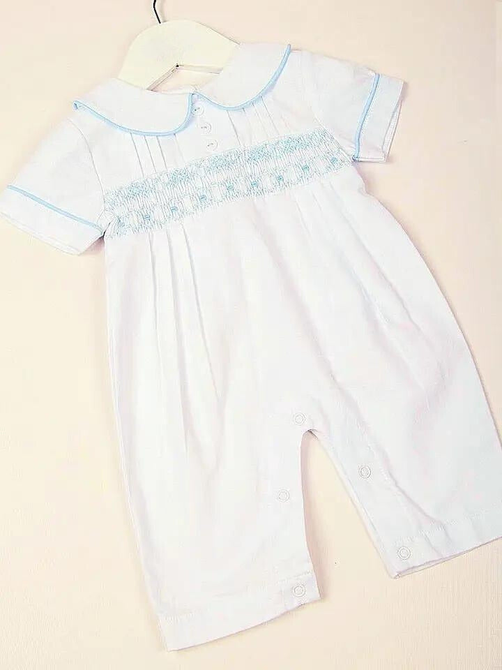 White Smocked Romper Blue Trim